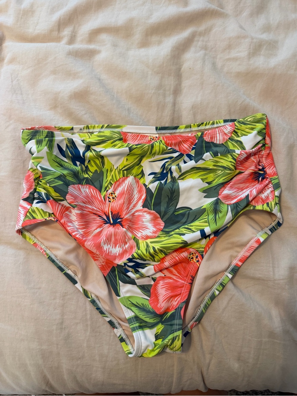 Floral High-Waist Bikini Bottoms - Pink and Green Tropical - L - Like new